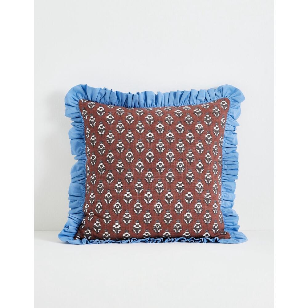 Anthropologie Cotton Block-Print Ruffle Pillow
